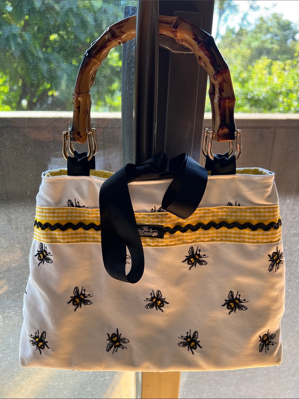 Bee Embroidered White Tote with Yellow Trim